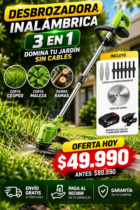 Desbrozadora 3 en 1 Sin Cables – Pasto, Maleza y Ramas con una Sola Herramienta