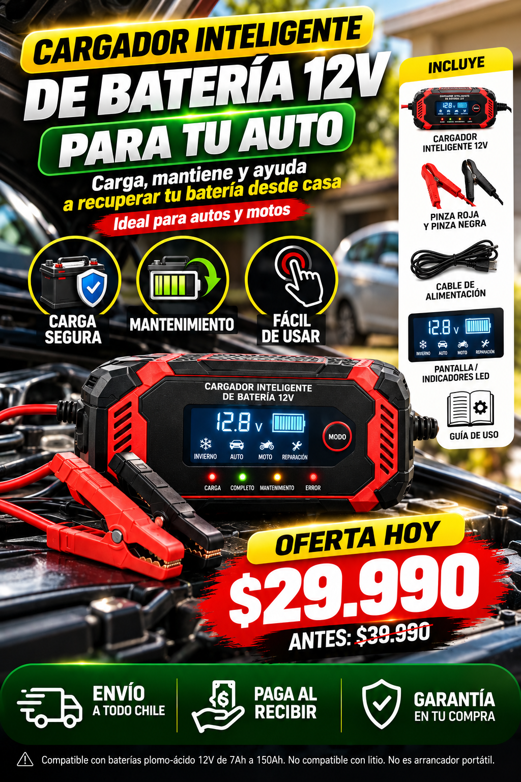 Imagen ilustrativa promocional del cargador inteligente 12V, características sujetas a verificación